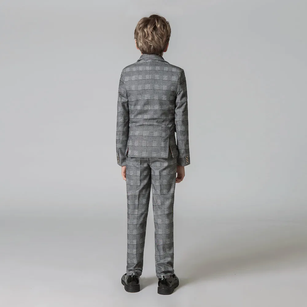 Grey Plaid Elegant Formal 5 Piece Boys Suits