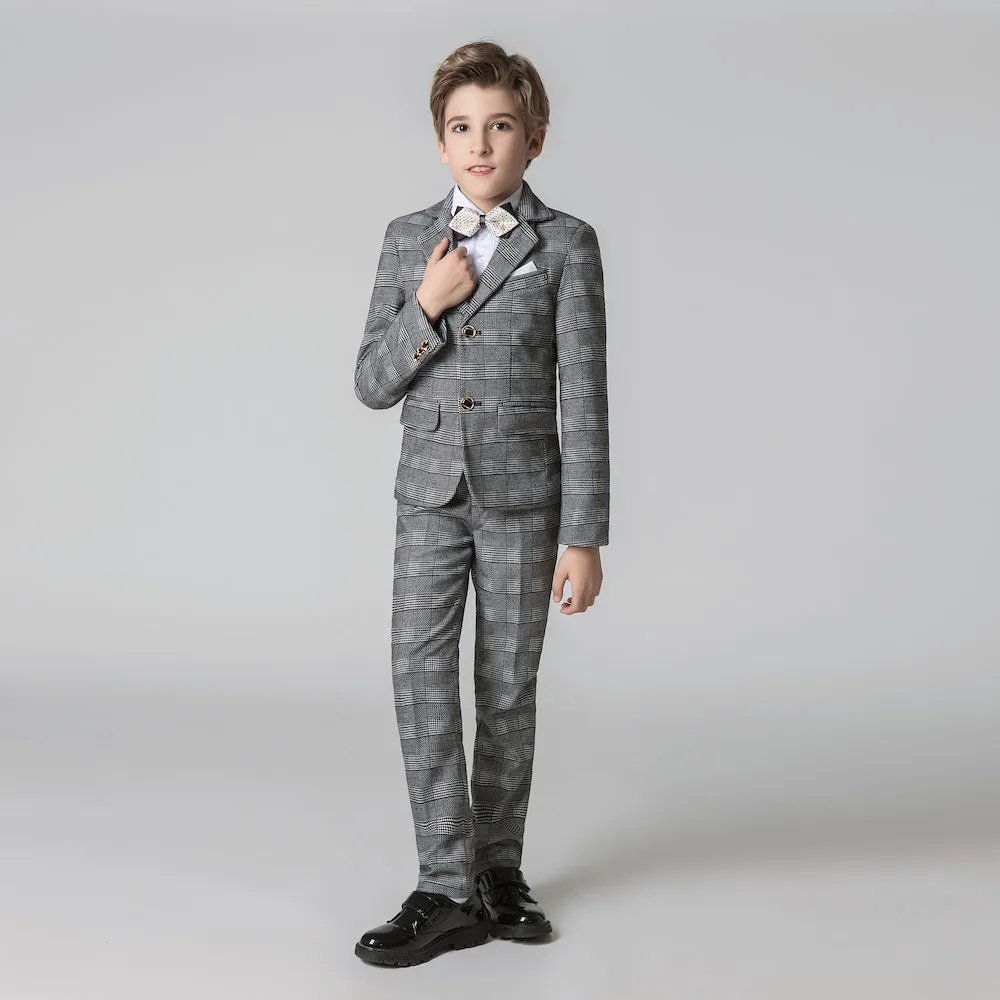 Grey Plaid Elegant Formal 5 Piece Boys Suits