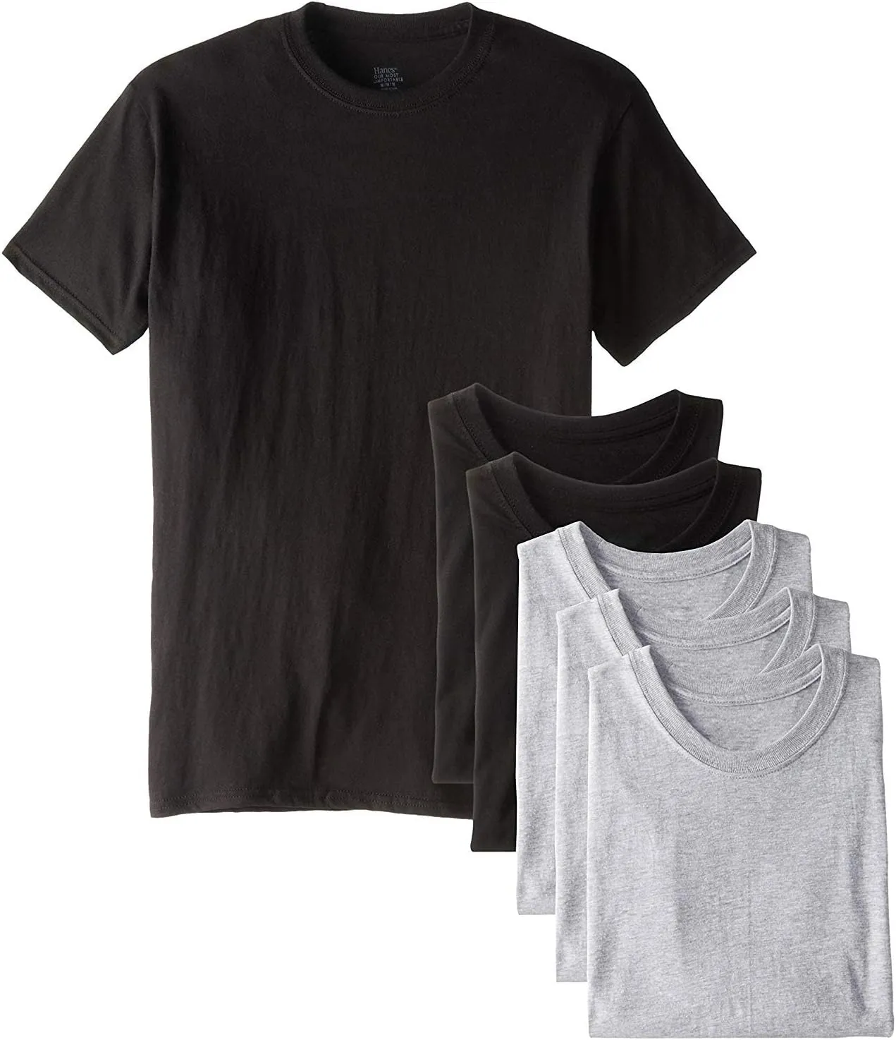 Hanes Men's 6Pack Crew Neck Tagless Black-Grey Undershirts Crewneck T-Shirt 3XL