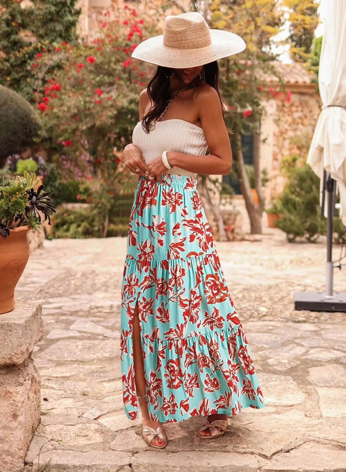 Happy Sailed Skirts for Women Spring Summer Boho Floral Print High Waist Flowy Split A Line Maxi Skirt with Pockets