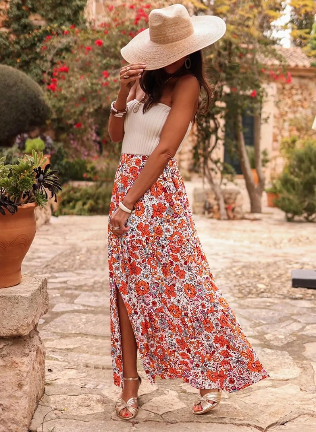 Happy Sailed Skirts for Women Spring Summer Boho Floral Print High Waist Flowy Split A Line Maxi Skirt with Pockets