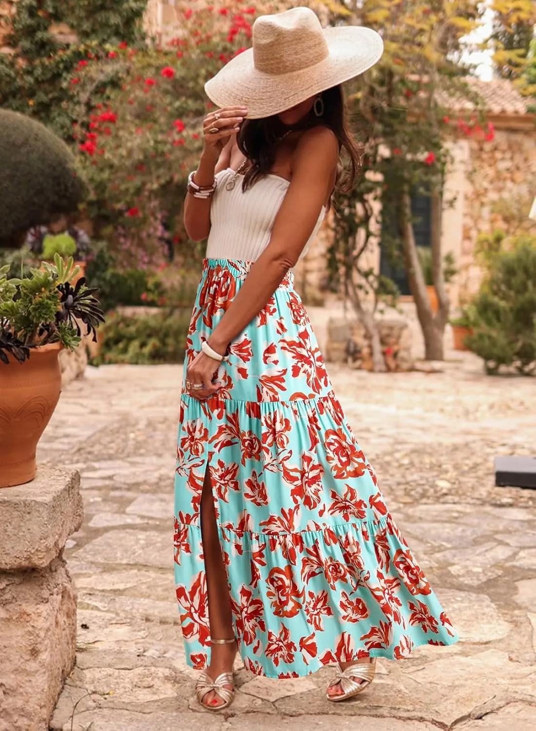 Happy Sailed Skirts for Women Spring Summer Boho Floral Print High Waist Flowy Split A Line Maxi Skirt with Pockets
