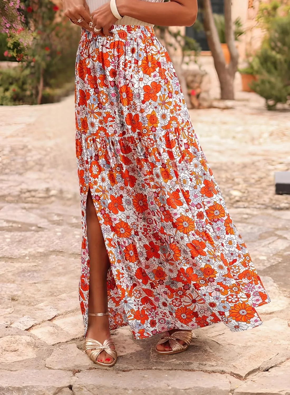 Happy Sailed Skirts for Women Spring Summer Boho Floral Print High Waist Flowy Split A Line Maxi Skirt with Pockets