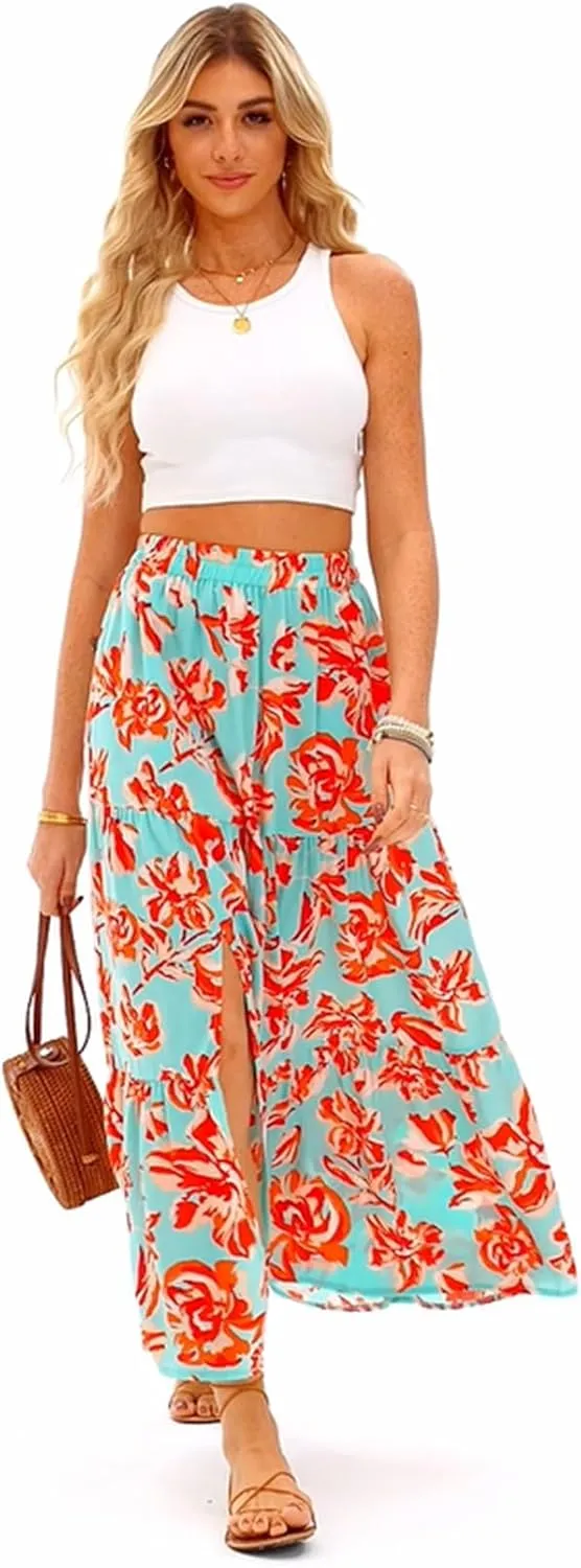 Happy Sailed Skirts for Women Spring Summer Boho Floral Print High Waist Flowy Split A Line Maxi Skirt with Pockets