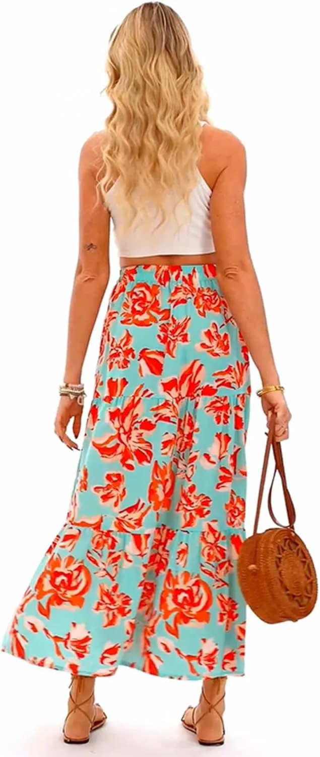Happy Sailed Skirts for Women Spring Summer Boho Floral Print High Waist Flowy Split A Line Maxi Skirt with Pockets