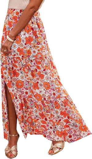 Happy Sailed Skirts for Women Spring Summer Boho Floral Print High Waist Flowy Split A Line Maxi Skirt with Pockets