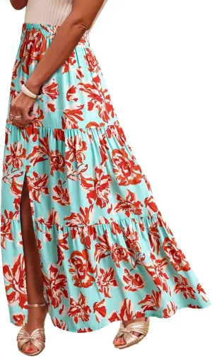 Happy Sailed Skirts for Women Spring Summer Boho Floral Print High Waist Flowy Split A Line Maxi Skirt with Pockets