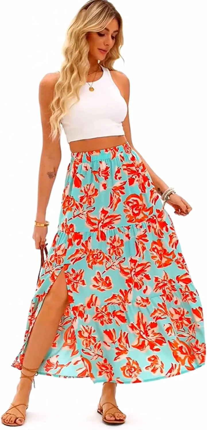Happy Sailed Skirts for Women Spring Summer Boho Floral Print High Waist Flowy Split A Line Maxi Skirt with Pockets