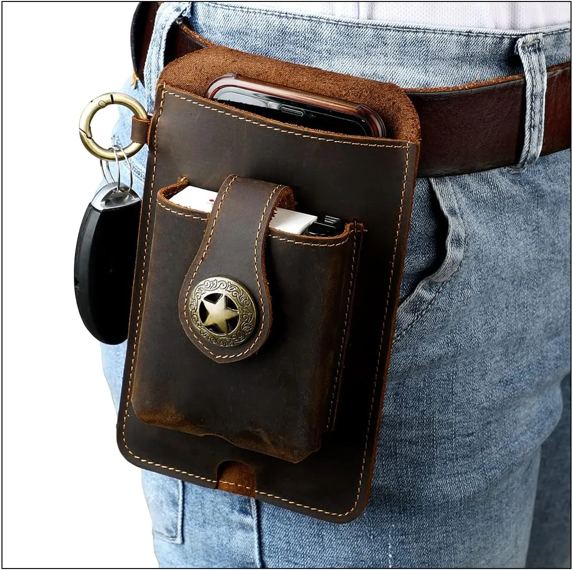 Hiking Tactical Fanny Pack for Men Crazy Horse Leather Phone Waist Bag with Keychain for Outdoor Cycling Travel