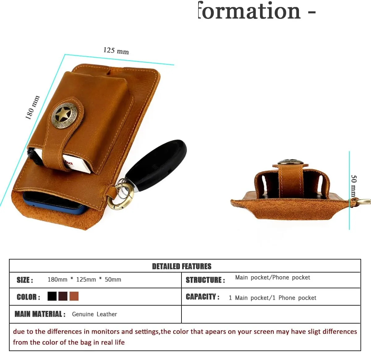 Hiking Tactical Fanny Pack for Men Crazy Horse Leather Phone Waist Bag with Keychain for Outdoor Cycling Travel