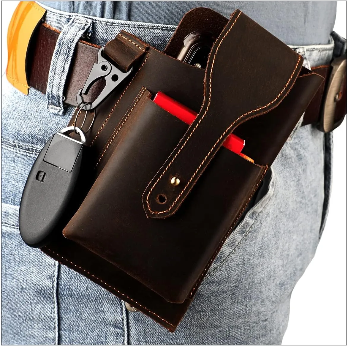 Hiking Tactical Fanny Pack for Men Crazy Horse Leather Phone Waist Bag with Keychain for Outdoor Cycling Travel