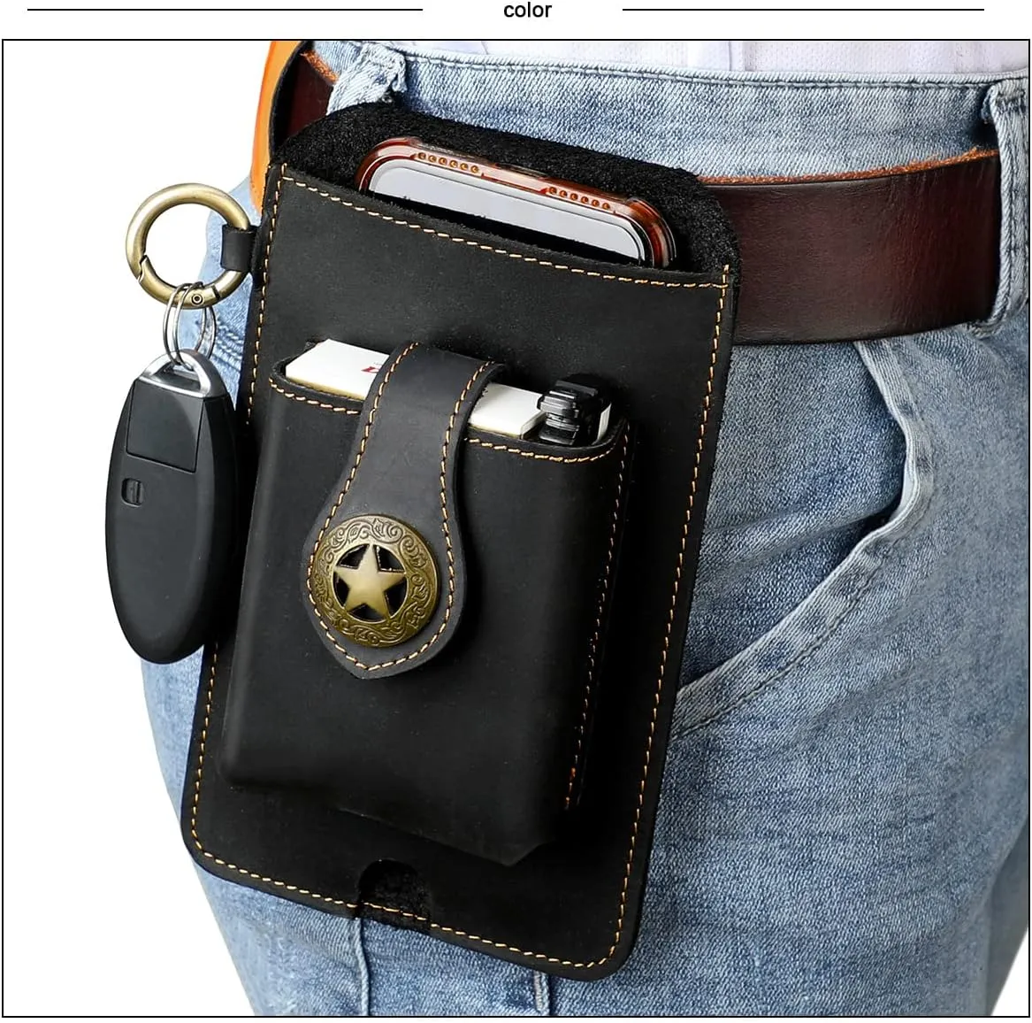 Hiking Tactical Fanny Pack for Men Crazy Horse Leather Phone Waist Bag with Keychain for Outdoor Cycling Travel