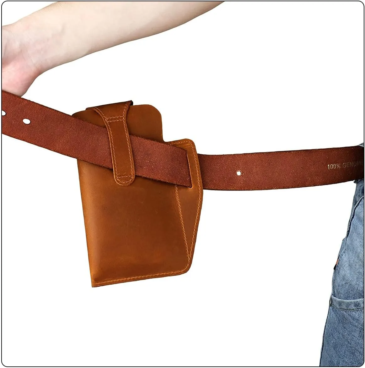 Hiking Tactical Fanny Pack for Men Crazy Horse Leather Phone Waist Bag with Keychain for Outdoor Cycling Travel