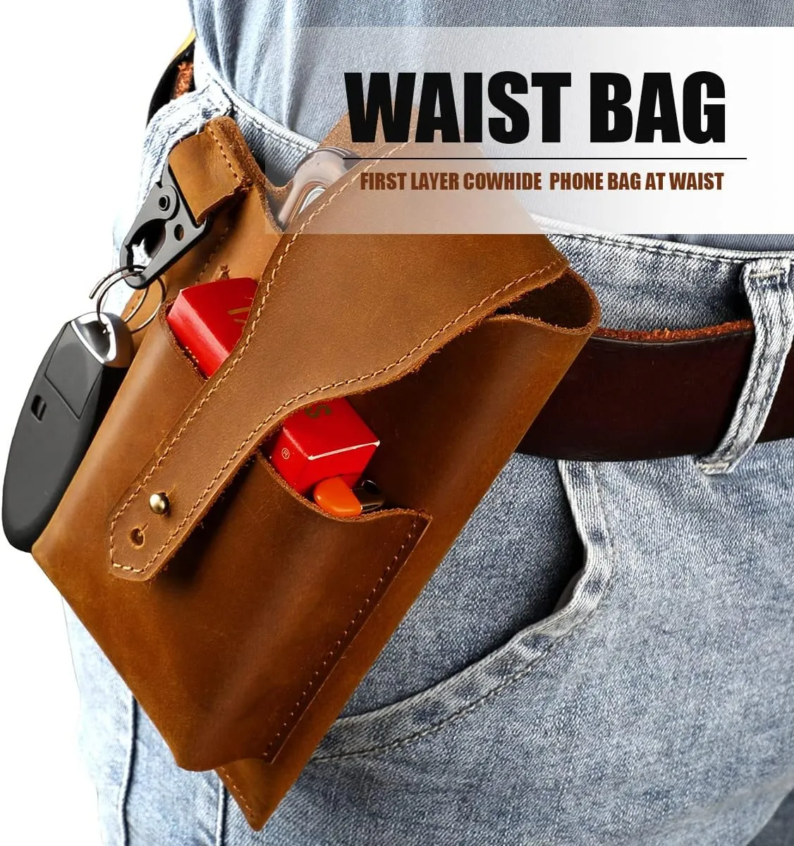Hiking Tactical Fanny Pack for Men Crazy Horse Leather Phone Waist Bag with Keychain for Outdoor Cycling Travel