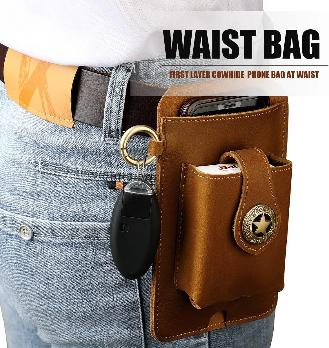 Hiking Tactical Fanny Pack for Men Crazy Horse Leather Phone Waist Bag with Keychain for Outdoor Cycling Travel