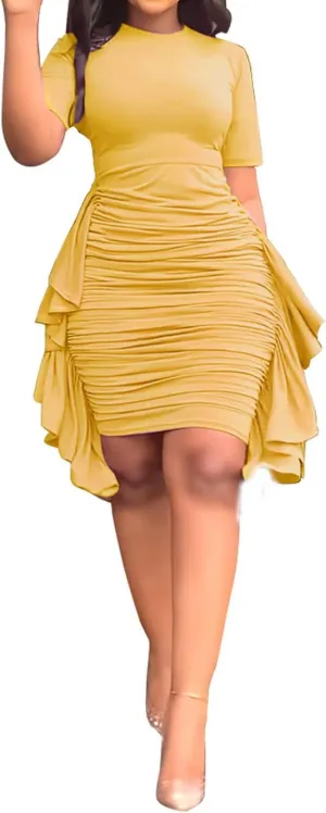 Hoefirm Women's Sexy Midi Dress Casual Crew Neck Short Sleeve Ruched Bodycon Summer Dresses for Party Club Cocktail