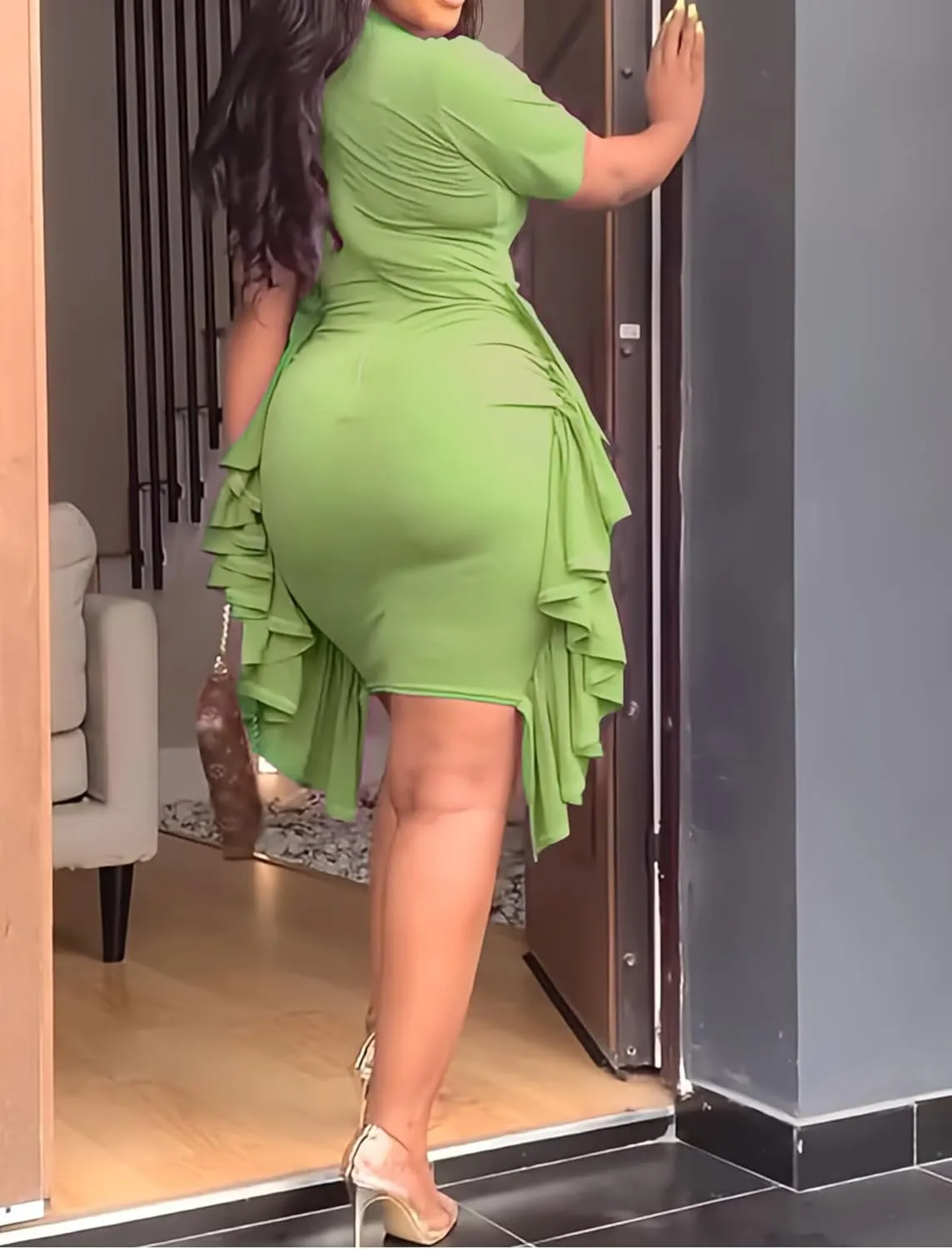 Hoefirm Women's Sexy Midi Dress Casual Crew Neck Short Sleeve Ruched Bodycon Summer Dresses for Party Club Cocktail