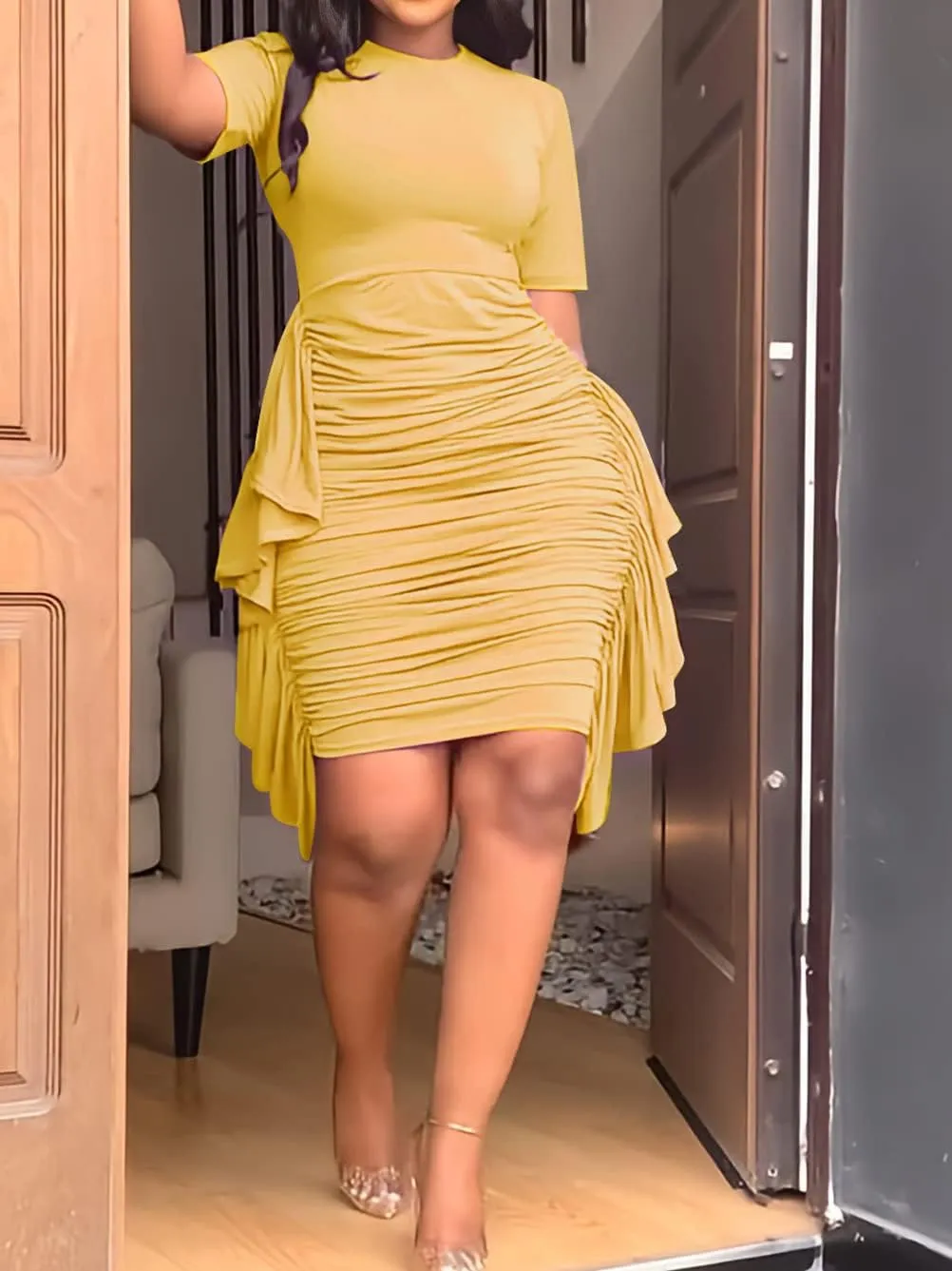 Hoefirm Women's Sexy Midi Dress Casual Crew Neck Short Sleeve Ruched Bodycon Summer Dresses for Party Club Cocktail