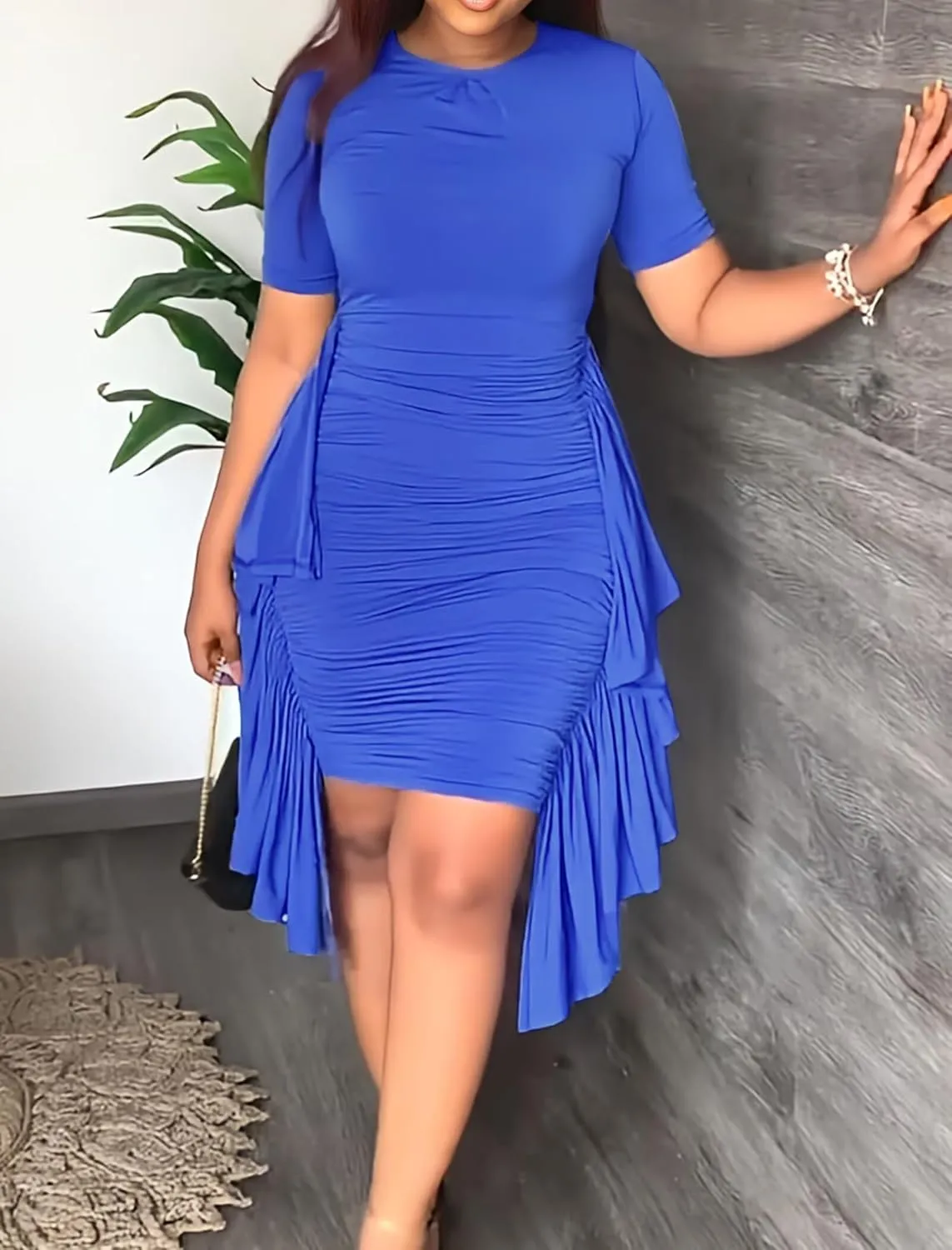 Hoefirm Women's Sexy Midi Dress Casual Crew Neck Short Sleeve Ruched Bodycon Summer Dresses for Party Club Cocktail