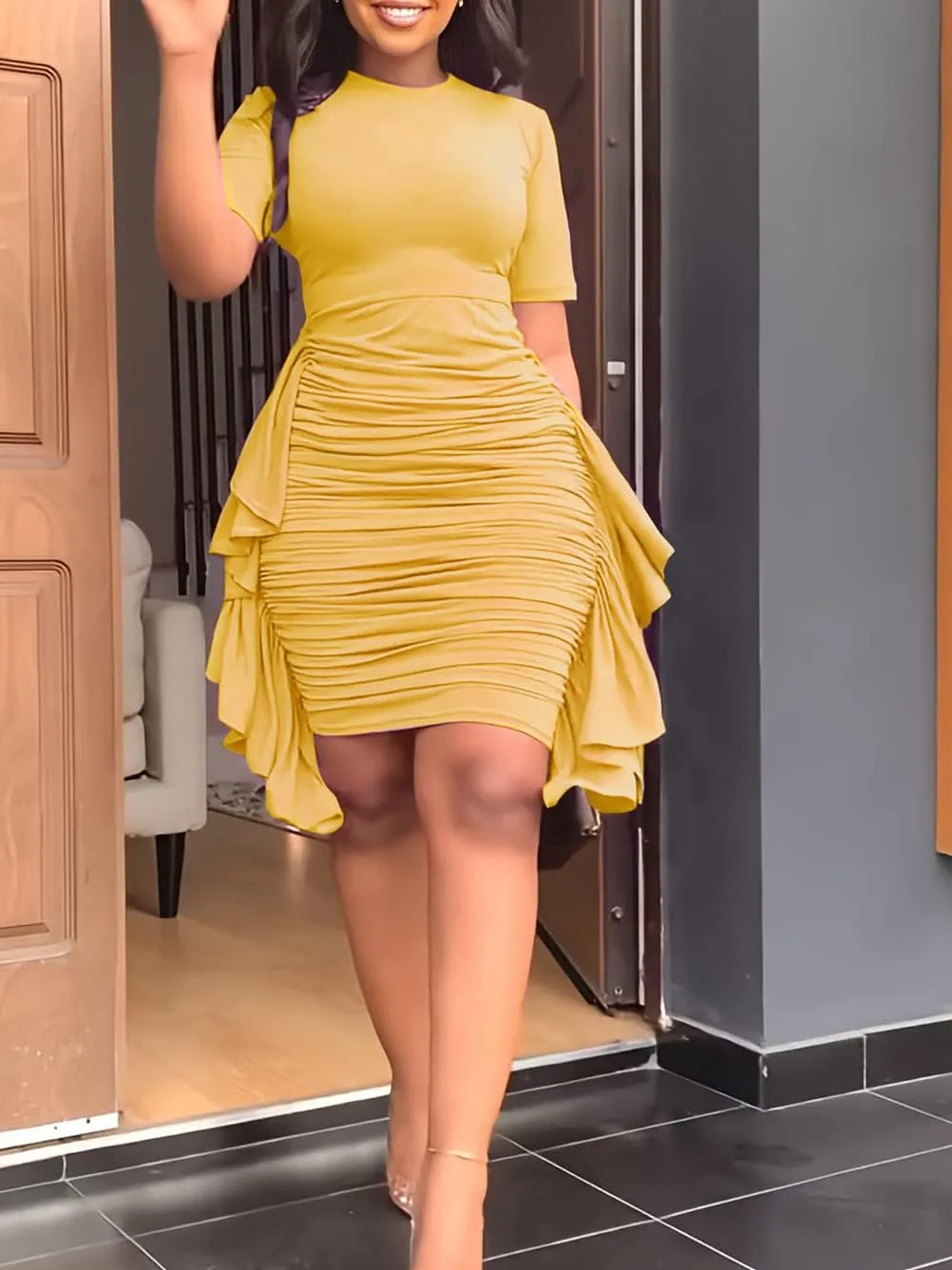 Hoefirm Women's Sexy Midi Dress Casual Crew Neck Short Sleeve Ruched Bodycon Summer Dresses for Party Club Cocktail