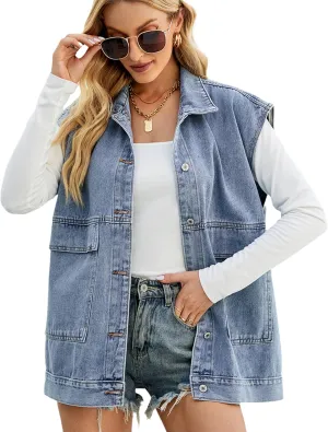 Huaqiao Womens Denim Vest Mid long Jacket Jean Sleeveless Vest with Pockets