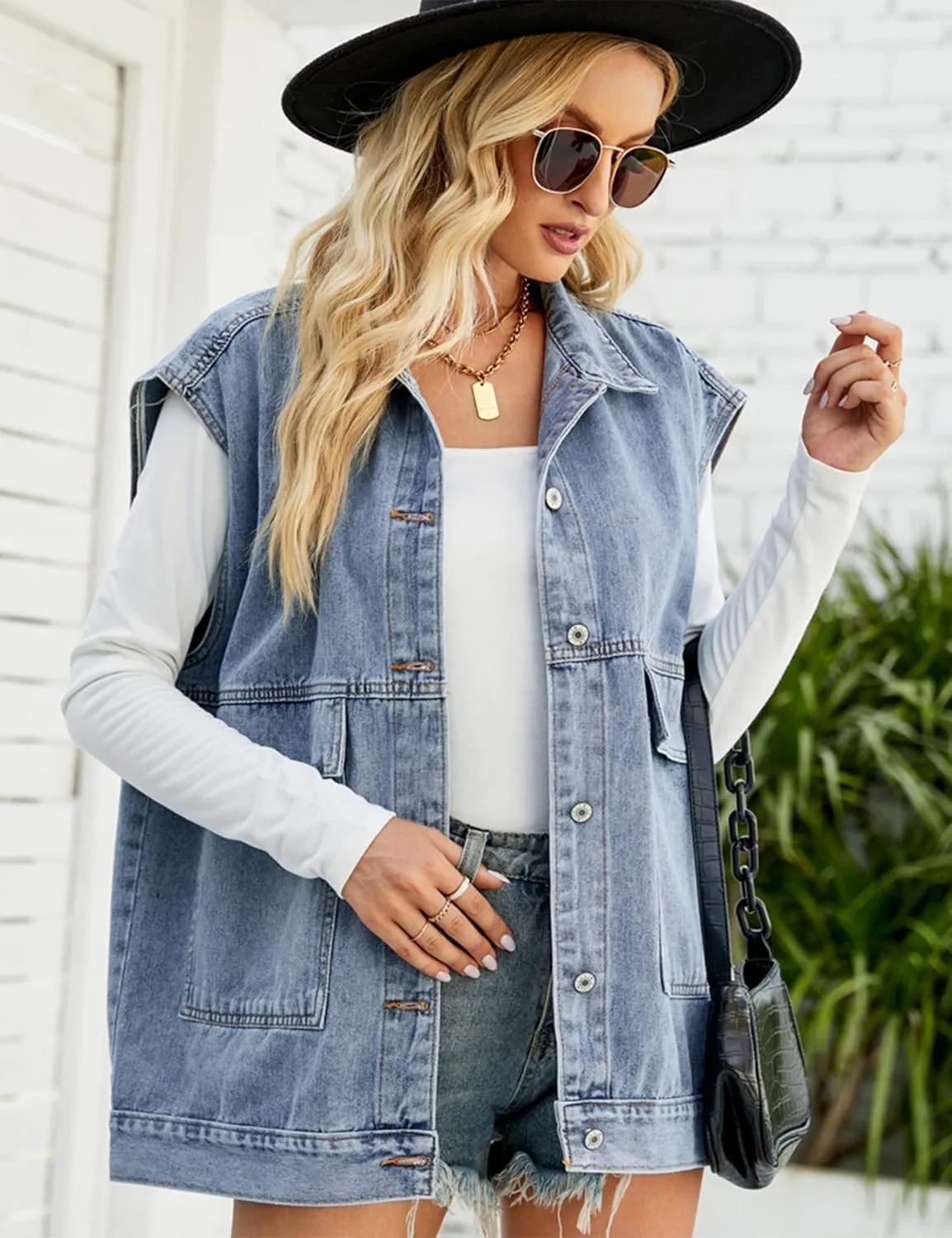 Huaqiao Womens Denim Vest Mid long Jacket Jean Sleeveless Vest with Pockets