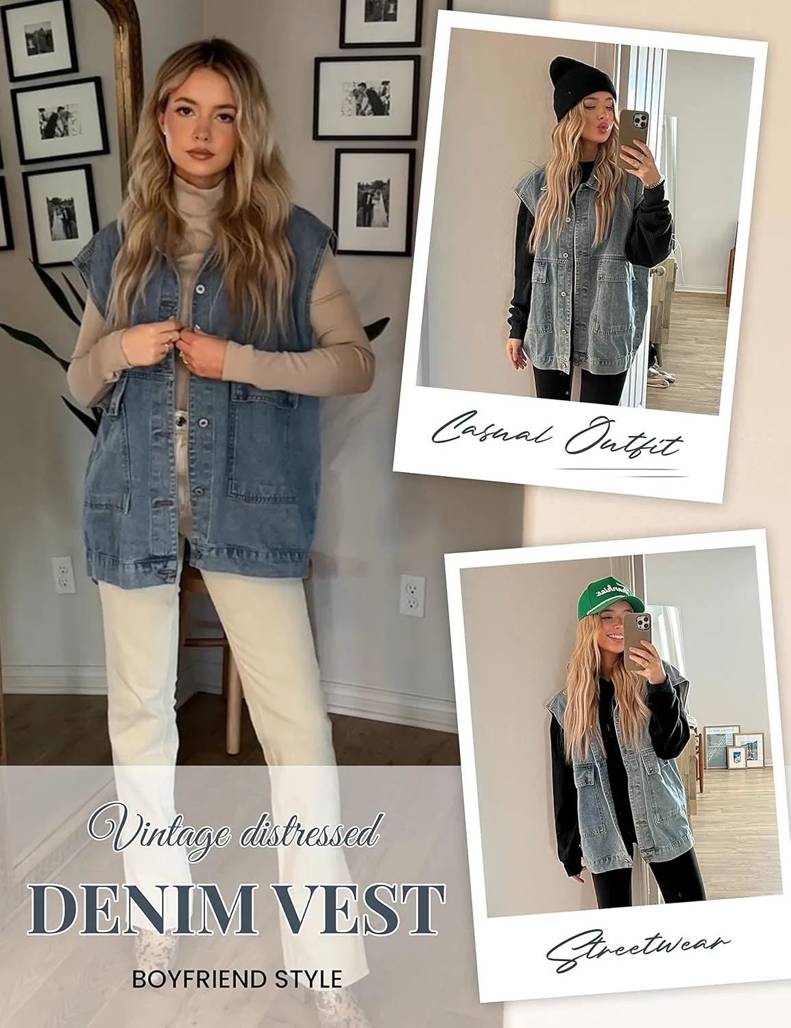 Huaqiao Womens Denim Vest Mid long Jacket Jean Sleeveless Vest with Pockets