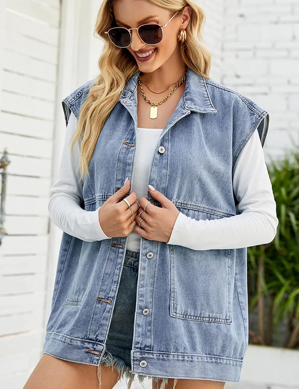 Huaqiao Womens Denim Vest Mid long Jacket Jean Sleeveless Vest with Pockets