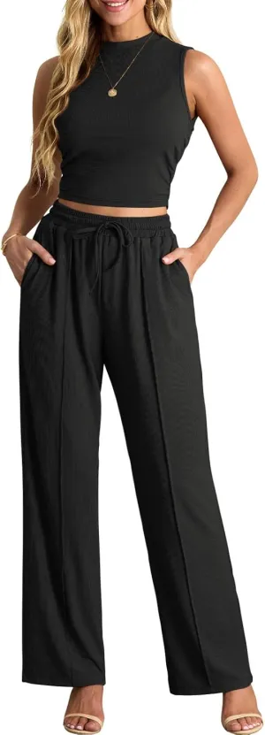 HWOKEFEIYU Women 2 Piece Outfits Crew Neck Sleeveless Tracksuits Cropped Top Elastic Waist Wide Leg Pants Lounge Set