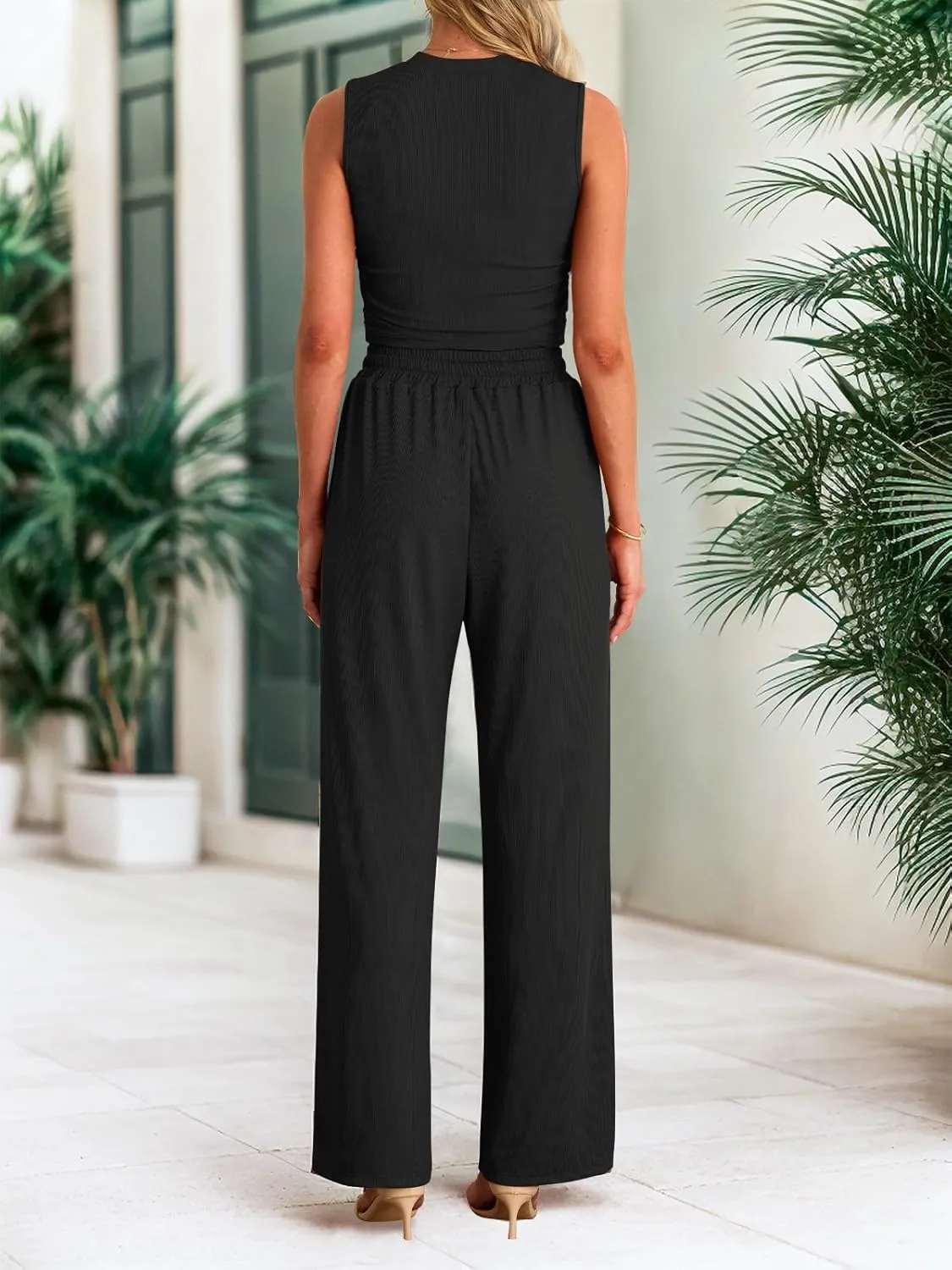 HWOKEFEIYU Women 2 Piece Outfits Crew Neck Sleeveless Tracksuits Cropped Top Elastic Waist Wide Leg Pants Lounge Set