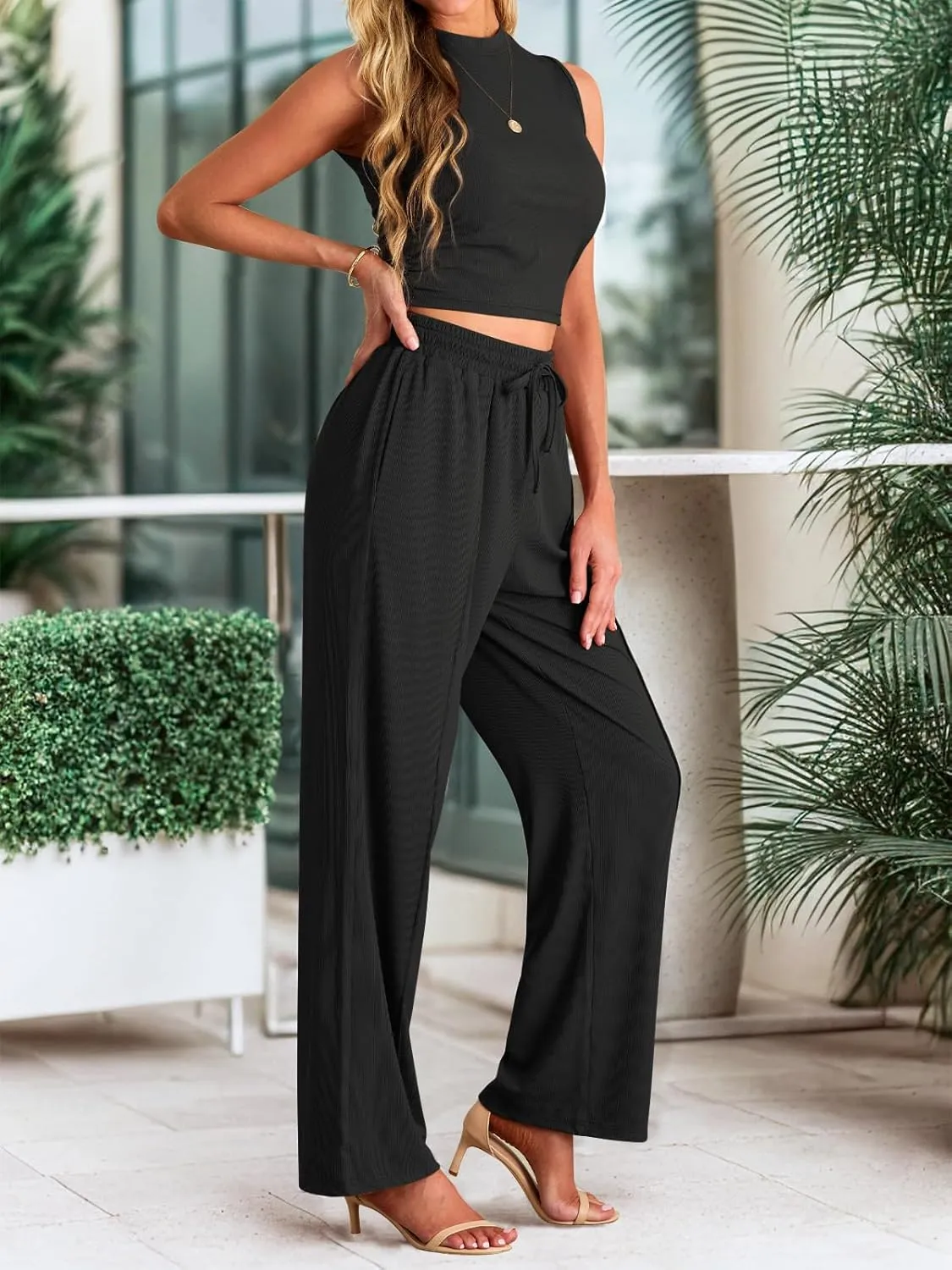 HWOKEFEIYU Women 2 Piece Outfits Crew Neck Sleeveless Tracksuits Cropped Top Elastic Waist Wide Leg Pants Lounge Set