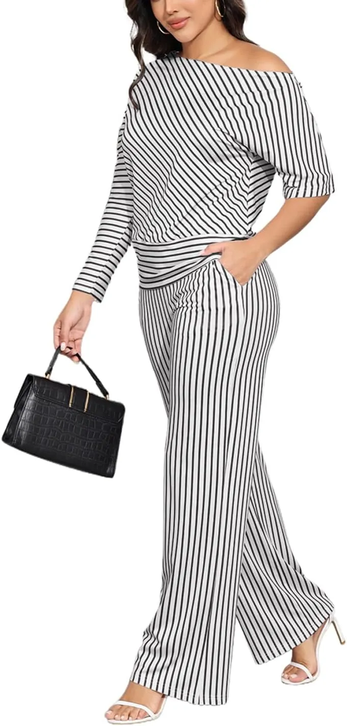 JTNFairy Two Piece Sets for Women Summer 2025 Plus Size Striped Off-Shoulder 3/4 Sleeve Wide Leg Pants Vacation Outfits