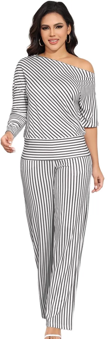 JTNFairy Two Piece Sets for Women Summer 2025 Plus Size Striped Off-Shoulder 3/4 Sleeve Wide Leg Pants Vacation Outfits