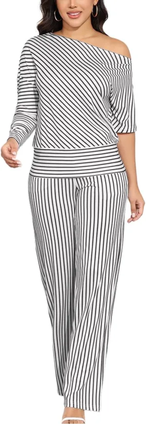 JTNFairy Two Piece Sets for Women Summer 2025 Plus Size Striped Off-Shoulder 3/4 Sleeve Wide Leg Pants Vacation Outfits