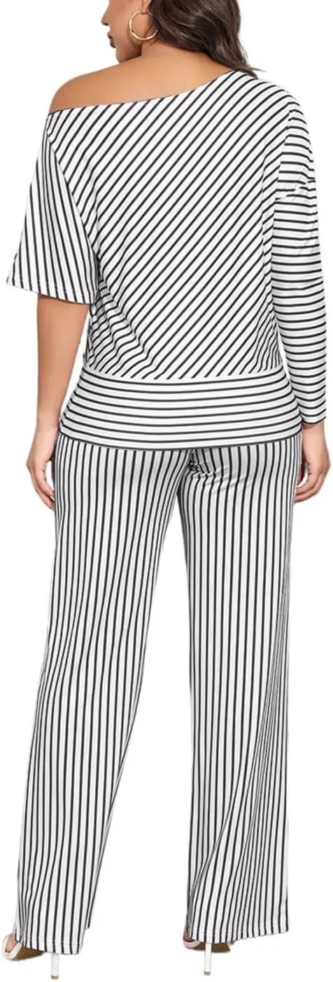 JTNFairy Two Piece Sets for Women Summer 2025 Plus Size Striped Off-Shoulder 3/4 Sleeve Wide Leg Pants Vacation Outfits