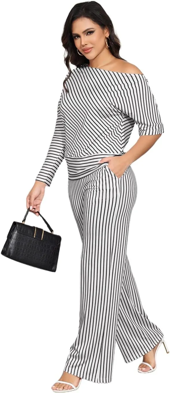 JTNFairy Two Piece Sets for Women Summer 2025 Plus Size Striped Off-Shoulder 3/4 Sleeve Wide Leg Pants Vacation Outfits