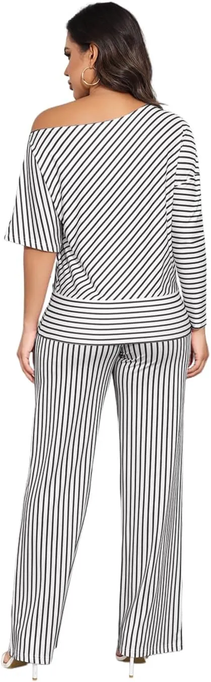 JTNFairy Two Piece Sets for Women Summer 2025 Plus Size Striped Off-Shoulder 3/4 Sleeve Wide Leg Pants Vacation Outfits
