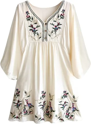 Kafeimali Women's Summer Mini Dress Bohemian Embroidery Tunic Shift Blouse
