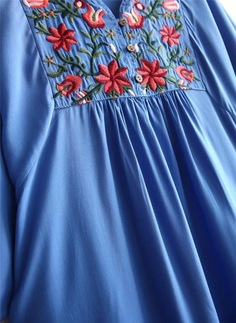 Kafeimali Women's Summer Mini Dress Bohemian Embroidery Tunic Shift Blouse