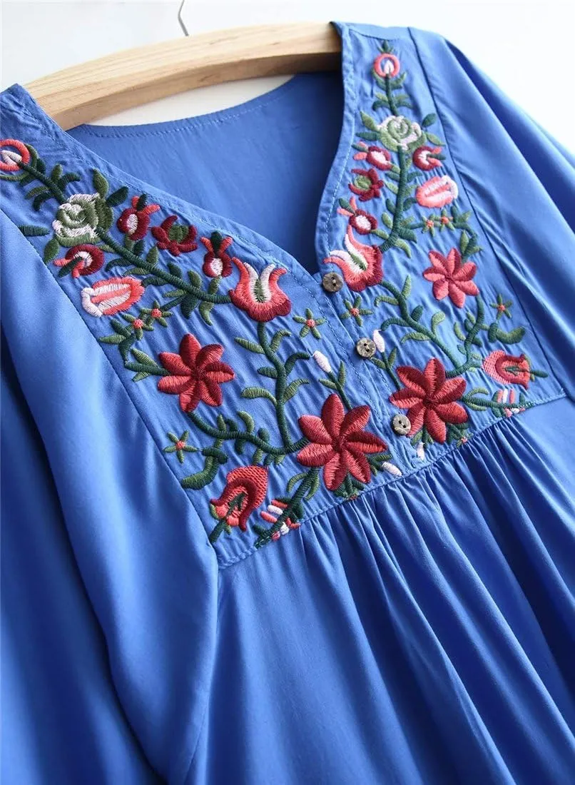 Kafeimali Women's Summer Mini Dress Bohemian Embroidery Tunic Shift Blouse