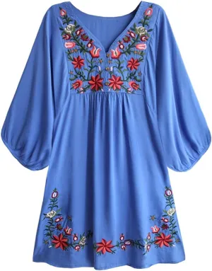 Kafeimali Women's Summer Mini Dress Bohemian Embroidery Tunic Shift Blouse