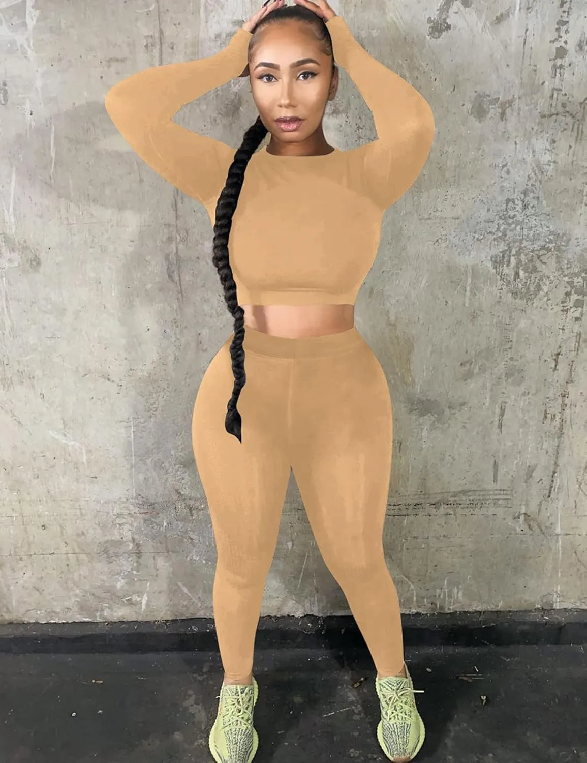 Kaximil Women's Workout Tracksuit 2 Piece Outfits Long Sleeve Crop Top High Waist Legging Pants Set