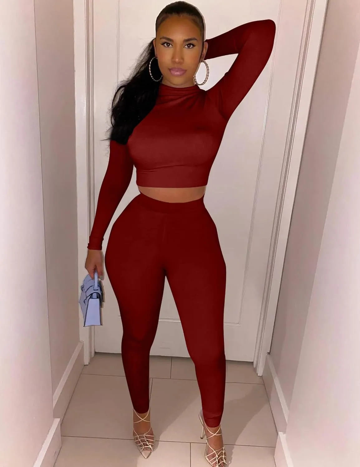 Kaximil Women's Workout Tracksuit 2 Piece Outfits Long Sleeve Crop Top High Waist Legging Pants Set