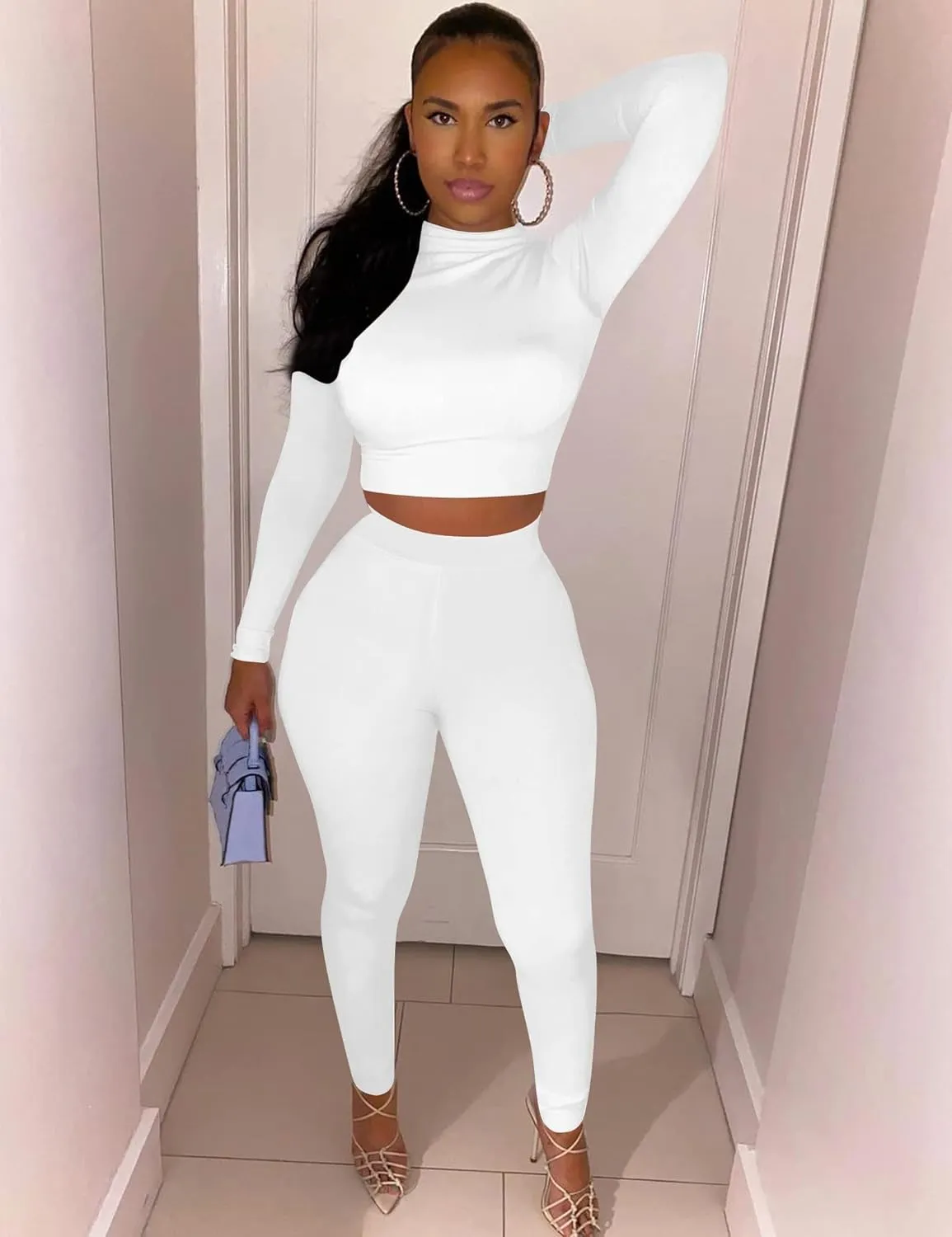 Kaximil Women's Workout Tracksuit 2 Piece Outfits Long Sleeve Crop Top High Waist Legging Pants Set
