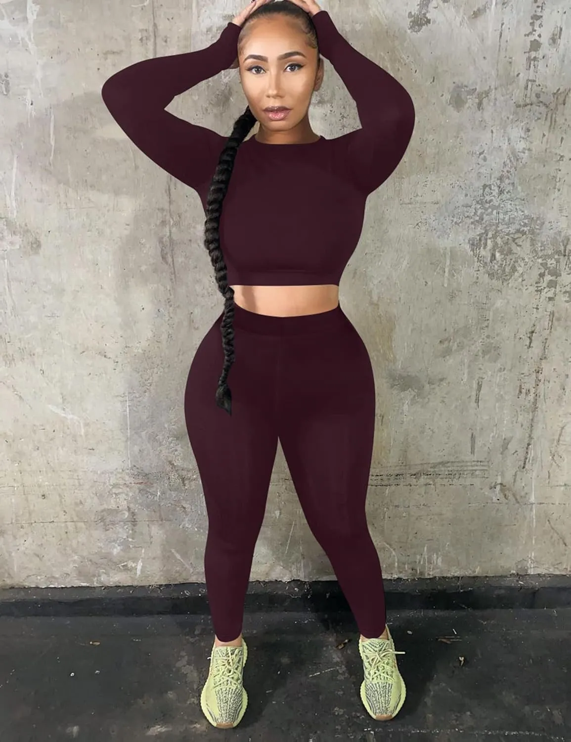 Kaximil Women's Workout Tracksuit 2 Piece Outfits Long Sleeve Crop Top High Waist Legging Pants Set