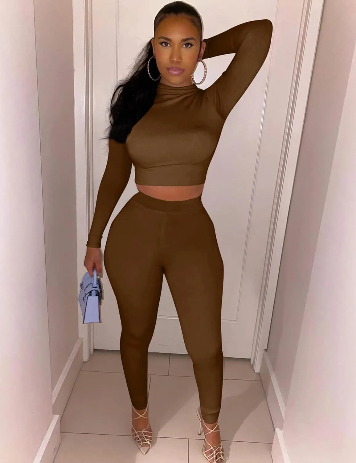 Kaximil Women's Workout Tracksuit 2 Piece Outfits Long Sleeve Crop Top High Waist Legging Pants Set