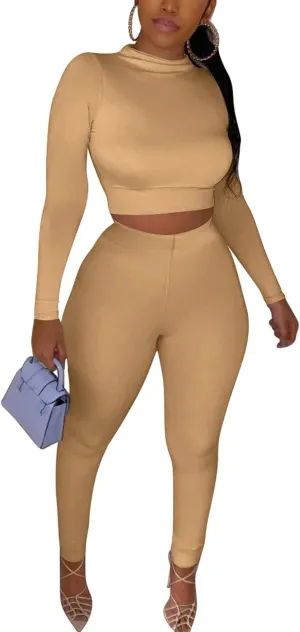 Kaximil Women's Workout Tracksuit 2 Piece Outfits Long Sleeve Crop Top High Waist Legging Pants Set
