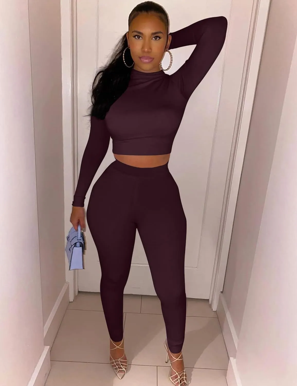 Kaximil Women's Workout Tracksuit 2 Piece Outfits Long Sleeve Crop Top High Waist Legging Pants Set