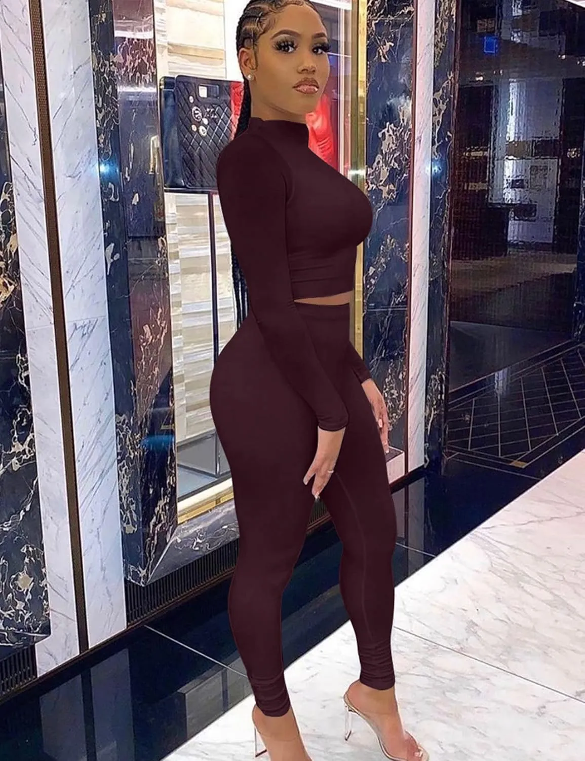 Kaximil Women's Workout Tracksuit 2 Piece Outfits Long Sleeve Crop Top High Waist Legging Pants Set