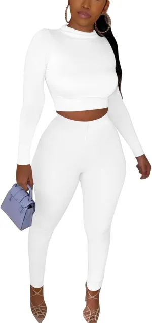 Kaximil Women's Workout Tracksuit 2 Piece Outfits Long Sleeve Crop Top High Waist Legging Pants Set